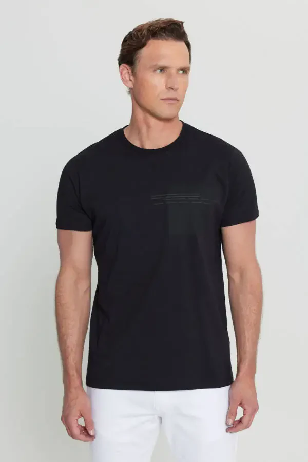 Erkak Qora Paxta Slim Fit Tor Kesimli Bosmali Velosiped Yoqali Elastik Futbolka - 1