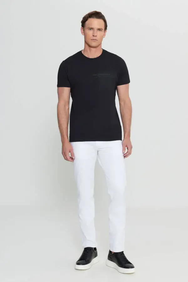 Erkak Qora Paxta Slim Fit Tor Kesimli Bosmali Velosiped Yoqali Elastik Futbolka - 2