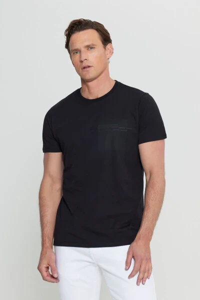 Erkak Qora Paxta Slim Fit Tor Kesimli Bosmali Velosiped Yoqali Elastik Futbolka - 3