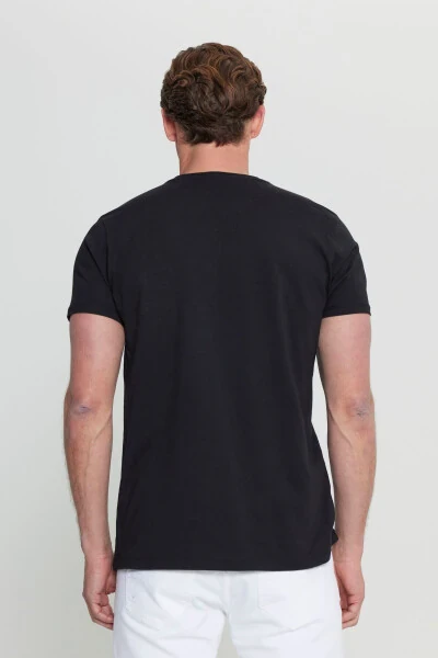 Erkak Qora Paxta Slim Fit Tor Kesimli Bosmali Velosiped Yoqali Elastik Futbolka - 5