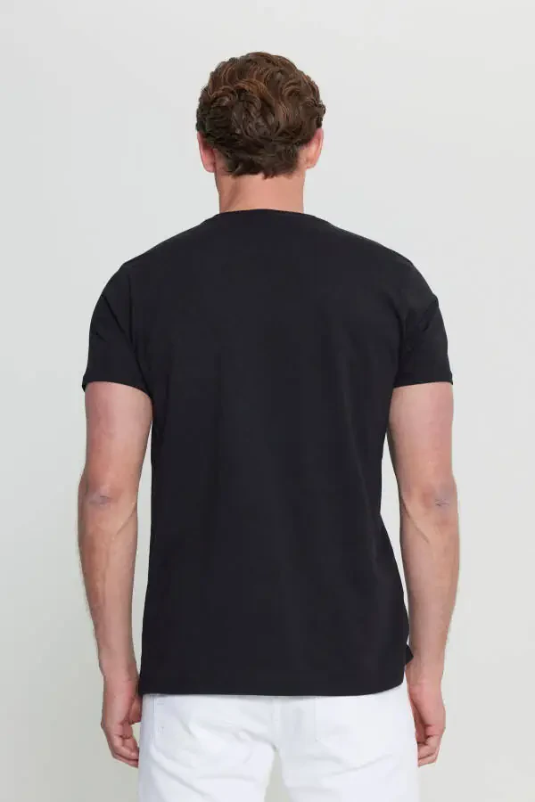 Erkak Qora Paxta Slim Fit Tor Kesimli Bosmali Velosiped Yoqali Elastik Futbolka - 5