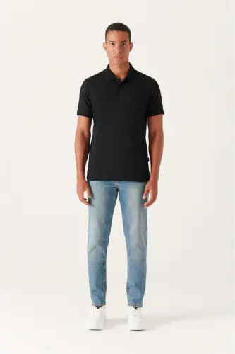 Erkak Qora Regular Fit 3 Tugmali 100% Misr Paxtasi Polo Yoqali T-shirt B001027-Qora - 5