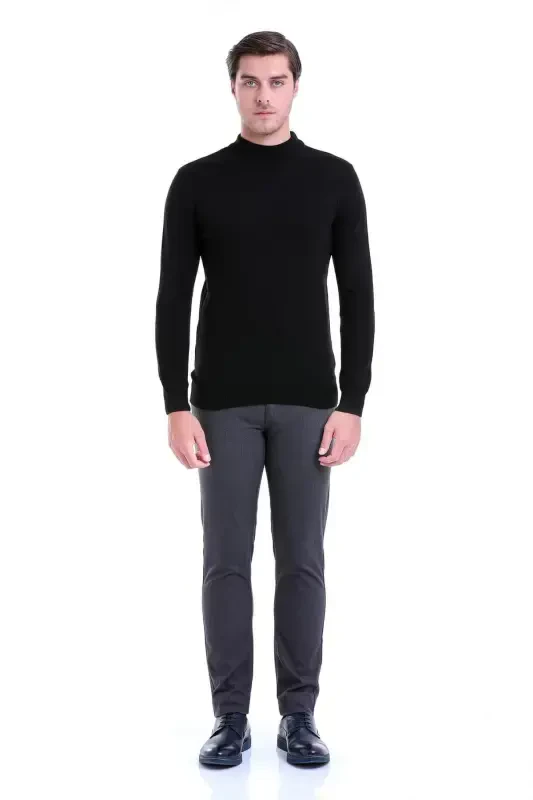 Erkak Qora Regular Fit Tekis Yarim Balıkçı Yoqalı Triko - 3