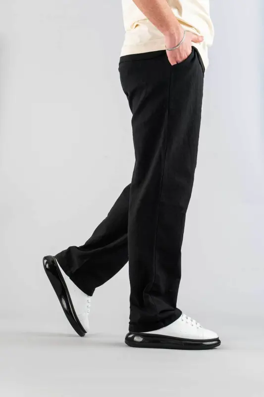 Erkak Qora Shim Beli Rezinkali Qulay Keten Elastik Asosiy Paxtalik Jogger-Qora - 2