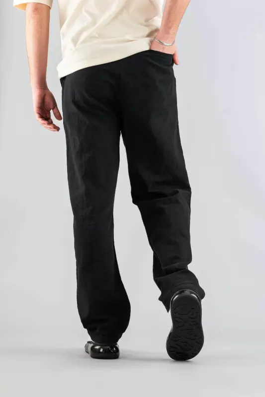 Erkak Qora Shim Beli Rezinkali Qulay Keten Elastik Asosiy Paxtalik Jogger-Qora - 3