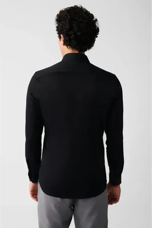 Erkak Qora Slim Fit 100% Paxta Klassik Yoqa Atlas Ko'ylak B002002-Qora - 4