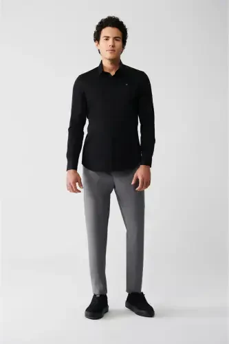 Erkak Qora Slim Fit 100% Paxta Klassik Yoqa Atlas Ko'ylak B002002-Qora - 5