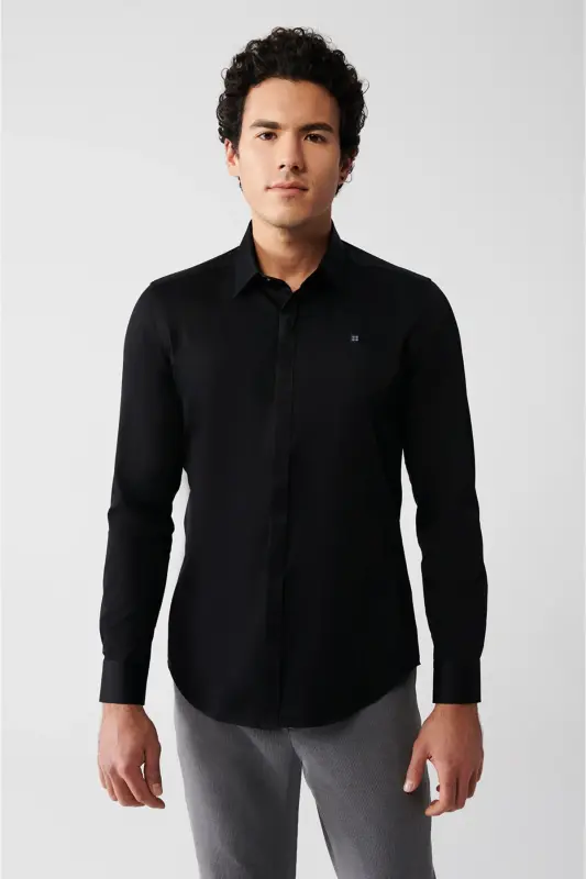 Erkak Qora Slim Fit 100% Paxta Klassik Yoqa Atlas Ko'ylak B002002-Qora - AVVA