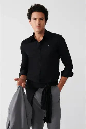 Erkak Qora Slim Fit 100% Paxta Klassik Yoqa Atlas Ko'ylak B002002-Qora - 3