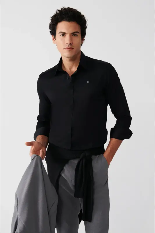 Erkak Qora Slim Fit 100% Paxta Klassik Yoqa Atlas Ko'ylak B002002-Qora - 3