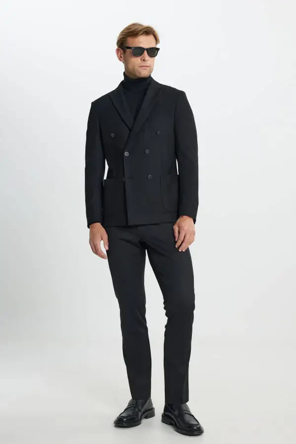 Erkak Qora Slim Fit Tor Kesilgan Qaldirg'och Yoqali Diag - 2