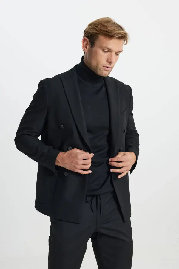 Erkak Qora Slim Fit Tor Kesilgan Qaldirg'och Yoqali Diag - 5