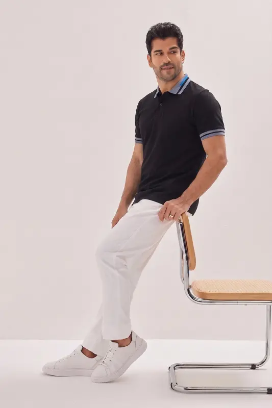 Erkak Qora Slim Fit Tor Kesim %100 Paxta Bukilmaydigan Polo Yoqali Ko'ylak - 1