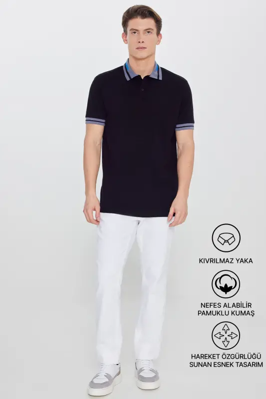 Erkak Qora Slim Fit Tor Kesim %100 Paxta Bukilmaydigan Polo Yoqali Ko'ylak - 3