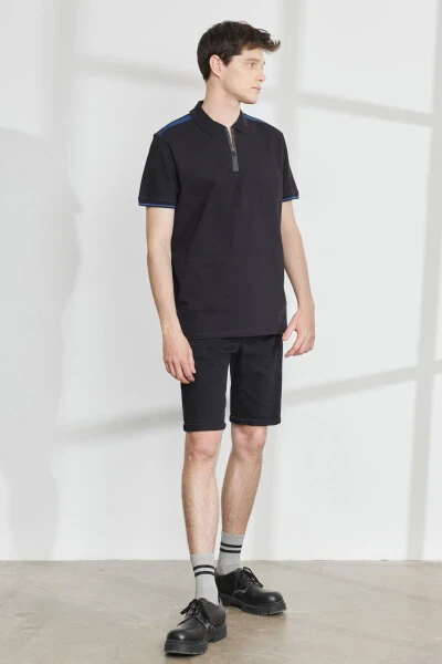 Erkak Qora Slim Fit Tor Kesimli Polo Yoqali Paxtali Qisqa Yengli Ko'ylak - 2