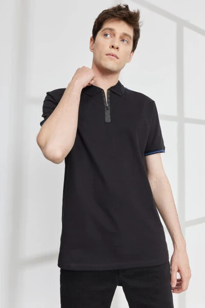 Erkak Qora Slim Fit Tor Kesimli Polo Yoqali Paxtali Qisqa Yengli Ko'ylak - 3