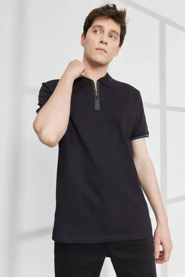 Erkak Qora Slim Fit Tor Kesimli Polo Yoqali Paxtali Qisqa Yengli Ko'ylak - 3