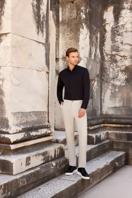 Erkak Qora Slim Fit Tor Kesimli To'g'ri Qattiq Yoqali Uzun Yengli Ko'ylak - 2