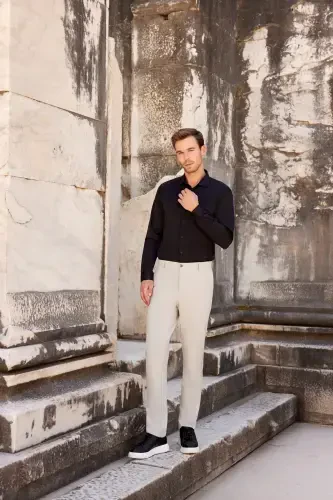 Erkak Qora Slim Fit Tor Kesimli To'g'ri Qattiq Yoqali Uzun Yengli Ko'ylak - 3