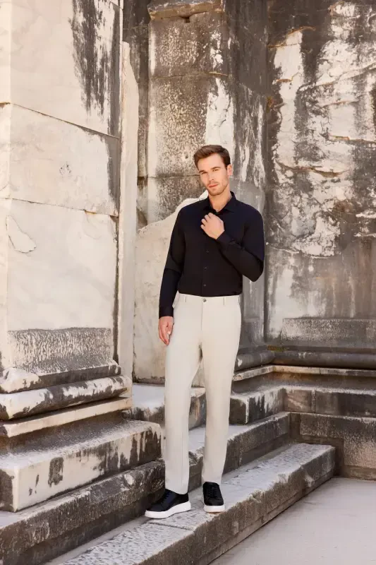 Erkak Qora Slim Fit Tor Kesimli To'g'ri Qattiq Yoqali Uzun Yengli Ko'ylak - 3