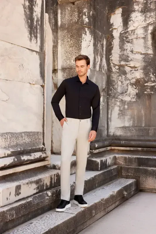 Erkak Qora Slim Fit Tor Kesimli To'g'ri Qattiq Yoqali Uzun Yengli Ko'ylak - 4