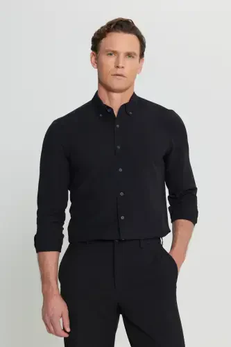 Erkak Qora Slim Fit Tor Kesimli Tugmali Yoqali Armürli Gofre Naqshli Ko'ylak-Qora - 1