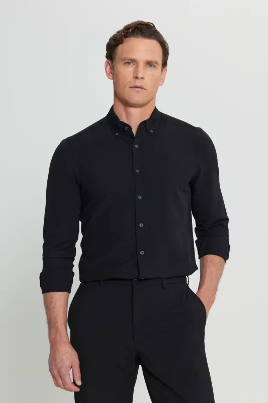 Erkak Qora Slim Fit Tor Kesimli Tugmali Yoqali Armürli Gofre Naqshli Ko'ylak-Qora - 1