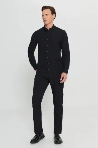 Erkak Qora Slim Fit Tor Kesimli Tugmali Yoqali Armürli Gofre Naqshli Ko'ylak-Qora - ALTINYILDIZ CLASSICS (1)