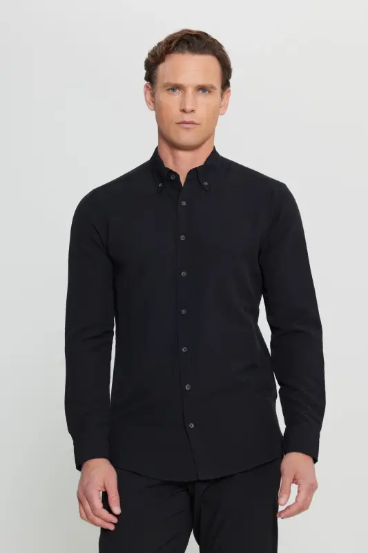 Erkak Qora Slim Fit Tor Kesimli Tugmali Yoqali Armürli Gofre Naqshli Ko'ylak-Qora - 3