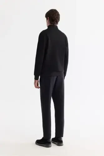 Erkak Qora Tik Yoqali Fermuarli Bosmali Paxta Sviter - 4