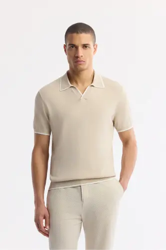 Erkak Regular Fit Bej Polo Yoqali Rayon Triko T-Shirt A51Y5056 - 1