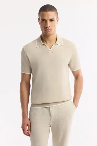 Erkak Regular Fit Bej Polo Yoqali Rayon Triko T-Shirt A51Y5056 - 5