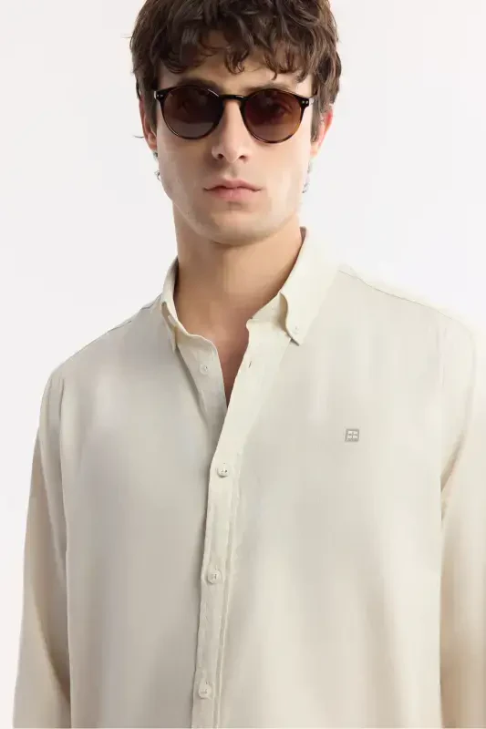 Erkak Regular Fit Bej Tugmali Yoqa 100% Paxta Oxford Basic Ko'ylak B002034-Bej - 4