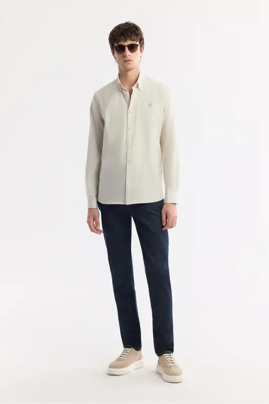 Erkak Regular Fit Bej Tugmali Yoqa 100% Paxta Oxford Basic Ko'ylak B002034-Bej - 7