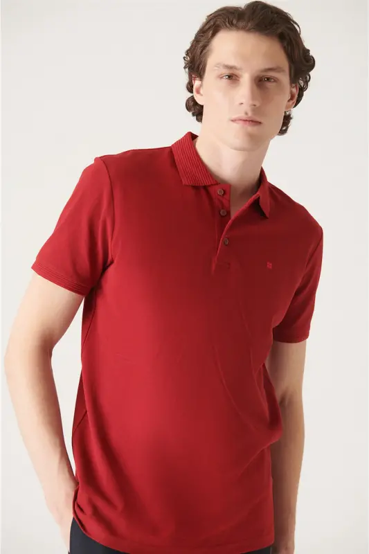Erkak Regular Fit Bordo 3 Tugmali %100 Misr Paxtasi Polo Yoqa T-Shirt B001027-Bordo - 5