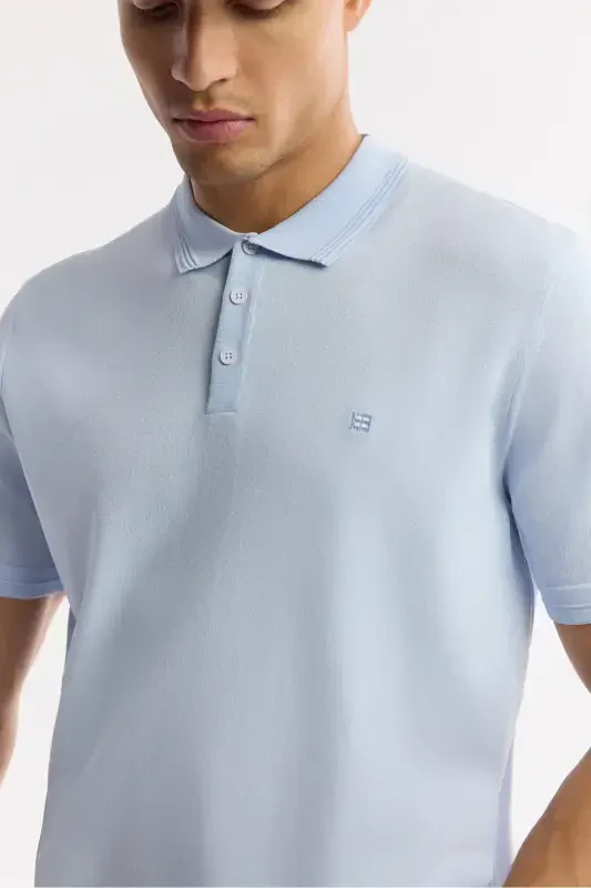 Erkak Regular Fit Ochiq Moviy Polo Yoqali Basic Rayon Triko Futbolka A51Y5035-Ochiq Moviy - 2