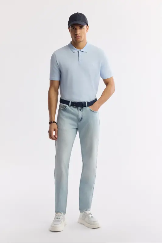 Erkak Regular Fit Ochiq Moviy Polo Yoqali Basic Rayon Triko Futbolka A51Y5035-Ochiq Moviy - 6