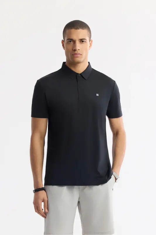 Erkak Regular Fit Qora Bukilmaydigan Polo Yoqali Texnik Mato T-Shirt A51Y1155-Qora - AVVA