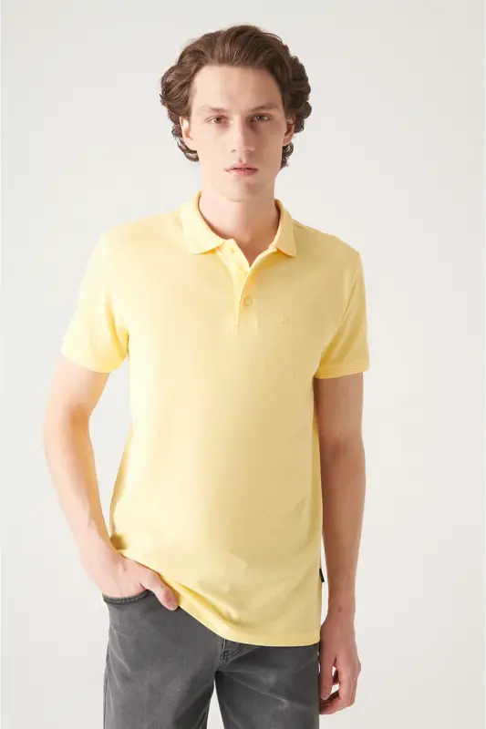Erkak Regular Fit Sariq 3 Tugmali 100% Misr Paxtasi Polo Yoqali T-Shirt B001027-Sariq - 3
