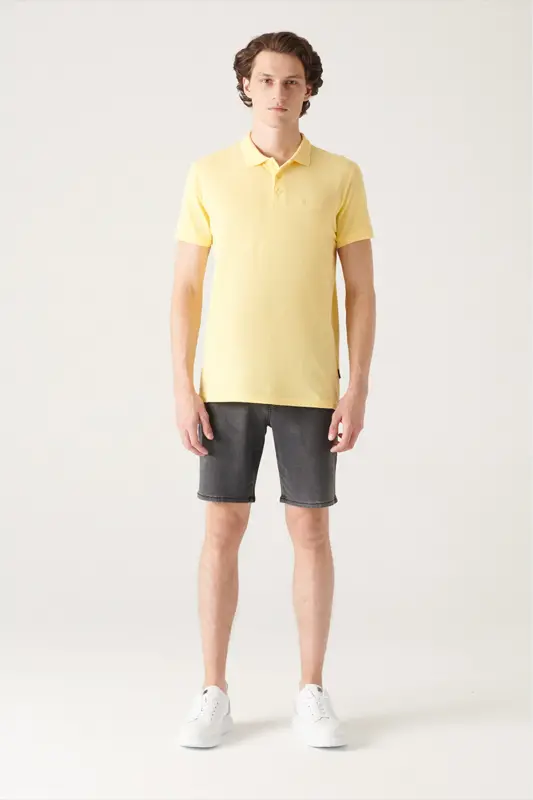 Erkak Regular Fit Sariq 3 Tugmali 100% Misr Paxtasi Polo Yoqali T-Shirt B001027-Sariq - 5