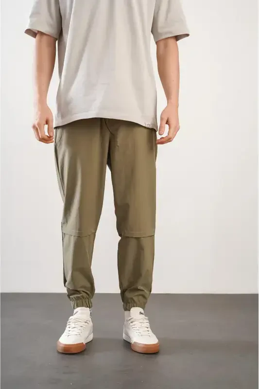 Erkak Relax Fit Kalip Beli va Pachasi Rezinkali Jogger Shim - Haki - 2