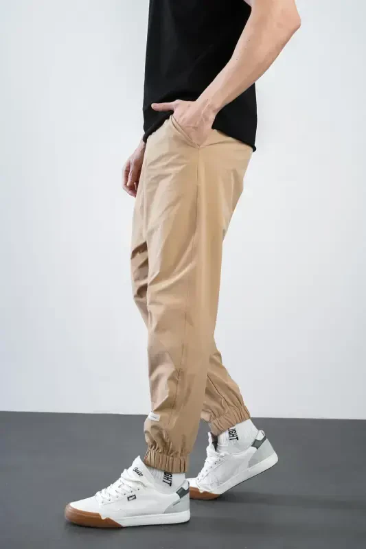 Erkak Relax Fit Kalip Lastikli Paça Jogger Shim - Bej - 2