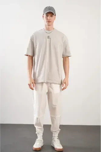 Erkak Relax Fit Qolip Beli va Pachasi Lastikli Jogger Shim - Krem - 1