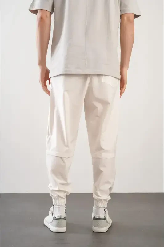 Erkak Relax Fit Qolip Beli va Pachasi Lastikli Jogger Shim - Krem - 3