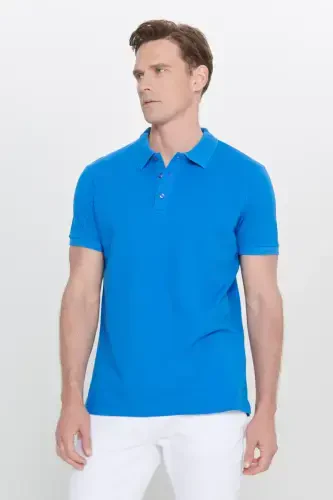 Erkak Royal ko'k 100% paxta buruşmaydigan pike polo yoqali slim fit tor kesimli futbolka - Royal ko'k - 11