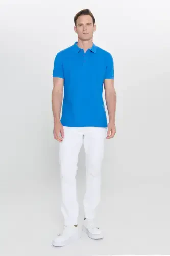 Erkak Royal ko'k 100% paxta buruşmaydigan pike polo yoqali slim fit tor kesimli futbolka - Royal ko'k - 12