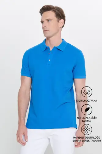 Erkak Royal ko'k 100% paxta buruşmaydigan pike polo yoqali slim fit tor kesimli futbolka - Royal ko'k - 2