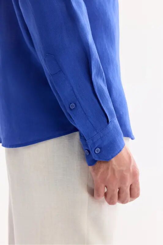 Erkak Saks Comfort Fit 100% Zig'ir Tugmali Yoqali Ko'ylak B002191-Saks - 4