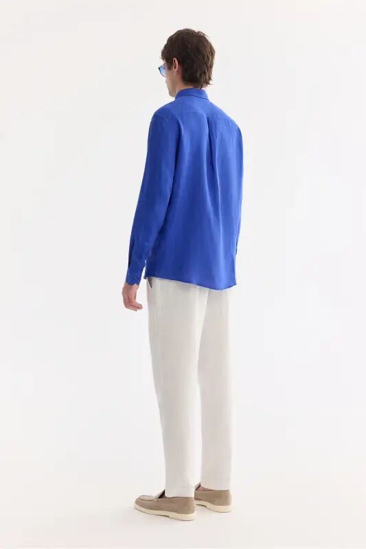 Erkak Saks Comfort Fit 100% Zig'ir Tugmali Yoqali Ko'ylak B002191-Saks - 6