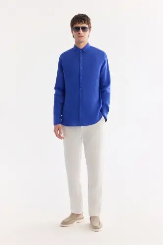 Erkak Saks Comfort Fit 100% Zig'ir Tugmali Yoqali Ko'ylak B002191-Saks - 7